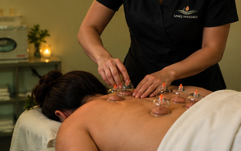 Licensed massage therapist at Uniq Massage in McKinney TX performing cupping therapy