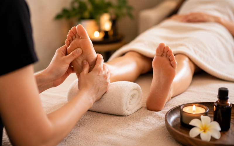 Client receiving a therapeutic foot massage at Uniq Massage in McKinney TX